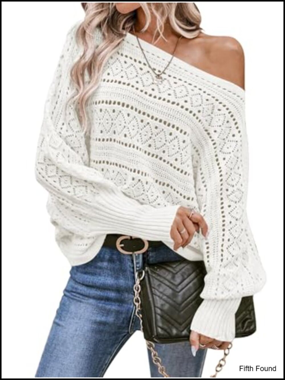 Off Shoulder Oversized Crochet Knit Pullover Sweater Batwing Sleeve